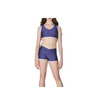 R&N FASHIONS - Girls Shiny Crop Top and Hot Pants Set - High Waist - Plain & Stretchy - Perfect for Yoga, Ballet, Gymnastics, School, Sportswear(Navy Blue, 11 Years, 11_Years)