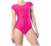 R&N FASHIONS Girls Shiny Short Sleeve Gymnastics Leotard | Stretch Dancewear for Ballet, Stage, Performance, Class, Practice | Soft Nylon Elastane Fabric - Hot Pink 11-12 Years