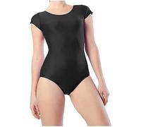 R&N FASHIONS Girls Shiny Short Sleeve Gymnastics Leotard | Stretch Dancewear for Ballet, Stage, Performance, Class, Practice | Soft Nylon Elastane Fabric - Black 13 Years