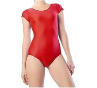 R&N FASHIONS Girls Shiny Short Sleeve Gymnastics Leotard | Stretch Dancewear for Ballet, Stage, Performance, Class, Practice | Soft Nylon Elastane Fabric - Red 11-12 Years