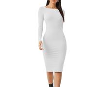 R&N FASHIONS - Womens Plain Bodycon Long Sleeve Maxi/Midi Dress - Round Neck Casual - Comfortable & Lightweight - Suitable for The Holiday, Travel, Party, Wedding, Cocktail, (White, 12-14)