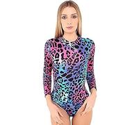R&N FASHIONS Womens Turtle Neck Bodysuit Plain Long Sleeve Ladies Stretch Leotard Top Sizes 12-14 Neon Leopard, 12-14