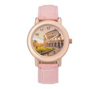 R-ome Italy Sunset Women's Leather Watch Easy Reader Minimalist Wristwatch Pink Rose Gold Strap Watches
