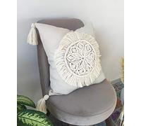 R.R.LALA Cotton Boho Cushion Cover Decorative Macrame Cushion Cover Hand-Woven Knitted Square Pillow Cushion Cover With Corner Tassels (Size-16X16 Inch), White
