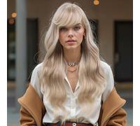 R REEWES FASHION HAIR 613 Blonde Wig With Bangs Long Wavy Wig with Bangs for Women Synthetic Heat Resistant Wigs for Women Natural Looking Daily Cosplay Party Halloween Use 26 Inches