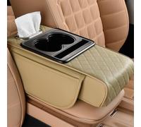 R-timer Car Centre Console Armrest Pad for Audi Q4 e-tron 2022 2023 2024, Leather Multifunctional Storage Organiser Tissue Box Cup Holder Elbow Support, Beige