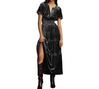 R.Vivimos Autumn Winter Women's Velvet Maxi Dress Short Sleeve V Neck Tiered Ruffle A Line Vintage Dress(Large,Crushed-Black)