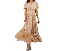 R.Vivimos Autumn Winter Women's Velvet Maxi Dress Short Sleeve V Neck Tiered Ruffle A Line Vintage Dress(XLarge,Champagne)