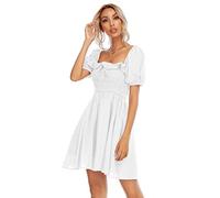 R.Vivimos Summer Casual A-Line Print Puff Sleeve Ruffle Hem Square Neck High Waist Mini Swing Dress(Small,White)