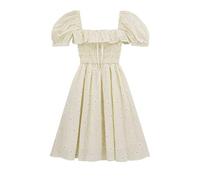 R.Vivimos Summer Casual A-Line Print Puff Sleeve Ruffle Hem Square Neck High Waist Mini Swing Dress(Small,Beige)