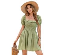 R.Vivimos Summer Casual A-Line Print Puff Sleeve Ruffle Hem Square Neck High Waist Mini Swing Dress(Medium,ArmyGreen)