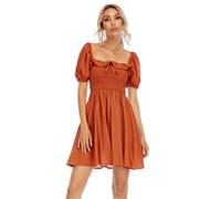 R.Vivimos Summer Casual A-Line Print Puff Sleeve Ruffle Hem Square Neck High Waist Mini Swing Dress(Medium,Orange)