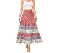 R.Vivimos Summer Casual Women's Bohemian Floral Beach Maxi Skirt A Line Cotton Long Skirts(Medium,AuroraRed)