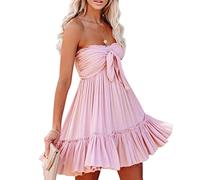 R.Vivimos Summer Women's Boho Strapless Bandeau Short Dress Tie Knotted Front Ruffle Tube Sexy Swing Mini Dress(XLarge,Pink)