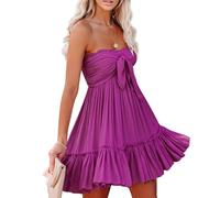 R.Vivimos Summer Women's Boho Strapless Bandeau Short Dress Tie Knotted Front Ruffle Tube Sexy Swing Mini Dress(Large,Plum)