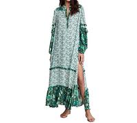 R.Vivimos Women's Boho Flora Print Ruffle Stitching Both Sides Opening Long Maxi Dress Button Up Casual Dress （Medium,Green