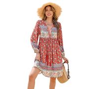 R.Vivimos Women's Long Sleeve Mini Dress V Neck Boho Floral Swing Dress Beach Vacation Dresses(Medium,AuroraRed)