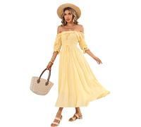 R.Vivimos Women's Polka Dot Slim Half Sleeve Puff Flare Sleeve Square Neck Tie Long Midi Dress(Large,LightYellow#2)