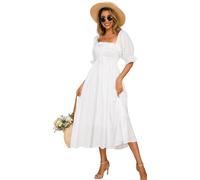 R.Vivimos Women's Polka Dot Slim Half Sleeve Puff Flare Sleeve Square Neck Tie Long Midi Dress (Large,White#2)
