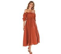 R.Vivimos Women's Polka Dot Slim Half Sleeve Puff Flare Sleeve Square Neck Tie Long Midi Dress(Large,Orange#2)