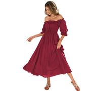 R.Vivimos Women's Polka Dot Slim Half Sleeve Puff Flare Sleeve Square Neck Tie Long Midi Dress (Large,Burgundy#2)