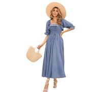 R.Vivimos Women's Polka Dot Slim Half Sleeve Puff Flare Sleeve Square Neck Tie Long Midi Dress(Medium,HazeBlue#2)