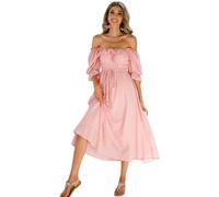 R.Vivimos Women's Polka Dot Slim Half Sleeve Puff Flare Sleeve Square Neck Tie Long Midi Dress(Medium,Pink#2)