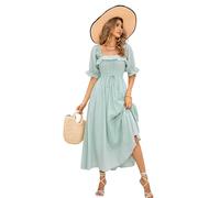 R.Vivimos Women's Polka Dot Slim Half Sleeve Puff Flare Sleeve Square Neck Tie Long Midi Dress (Medium,Green#2)