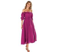 R.Vivimos Women's Polka Dot Slim Half Sleeve Puff Flare Sleeve Square Neck Tie Long Midi Dress(Small,Magenta#2)