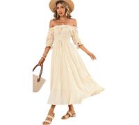 R.Vivimos Women's Polka Dot Slim Half Sleeve Puff Flare Sleeve Square Neck Tie Long Midi Dress(Small,Beige#2)