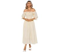 R.Vivimos Women's Polka Dot Slim Half Sleeve Puff Flare Sleeve Square Neck Tie Long Midi Dress(XLarge,Beige#2)