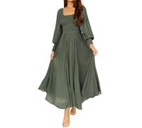 R.Vivimos Women's Square Neck Long Puff Sleeve Casual Maxi Dress Empire Waist Swiss Dots Long Peasant Dress(XLarge,ArmyGreen)