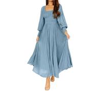 R.Vivimos Women's Square Neck Long Puff Sleeve Casual Maxi Dress Empire Waist Swiss Dots Long Peasant Dress(Medium,DuryBlue)