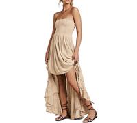R.Vivimos Women's Summer Boho Halter Neck Backless Long Maxi Dress Sleeveless Ruffle Hem Dresses(Small,Apricot)