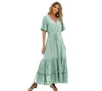 R.Vivimos Women's Summer Boho V Neck Button Up Short Sleeve Bohemian Print Ruffle Hem Beach Style Long Maxi Dress Vacation Dress(Large,SageGreen)