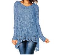 R33 Celebmodelook ® New Womens Ladies Dip Hem Crochet Mesh Tunic Plus Size Vest Twin Top Italian Lagenlook Lace Tunic Long Sleeve Dress. (UK12, Denim)