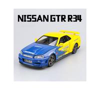 (R34 Blue Yellow) 1:32 Nissan GTR R34 GT-R R35 Fast & Furious Alloy Car Model Sound and Light Pull Back Children's Toy