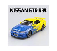 (R34 Blue Yellow) 1:32 Nissan GTR R34 GT-R R35 Fast & Furious Alloy Car Model Sound and Light Pull Back Children's Toy
