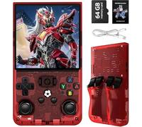 R36MAX Handheld Game Console, 4-Inch IPS Screen, 64GB Storage, 18000+ Games, Transparent Red