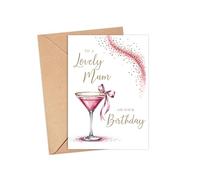 R3zqNovaX Lovely Mum Birthday Card - Elegant Pink Martini Cocktail Glass Ribbon Bow Illustration - Gold Glitter Confetti Celebration Design - Stylish Party Keepsake Gift For Mother