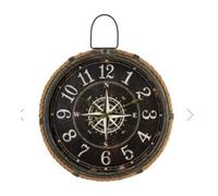 RA-HOMESTORE® Compass Design Nautical Compass Wall Clock Rustic Rope Border Two Golden Dials Creating a Wonderfully Antique Aesthetic.- Brown