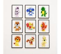 Raa Raa Noisy Lion and friends splash effect wall prints, set of 9 unframed A4 Noisy lion cartoon wall art prints, Super colourful prints for kids room