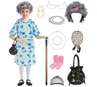 RAAIBB Old Lady Costume for Girls 100 Days of School Blue Flower Dress Full Accessories Size M(6-7Y)