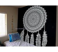 raajsee Black and White Dream Catcher Tapestry Mandala Throw, Hippie Tapestries Queen Bedspread 210x220 cms, Indian Cotton Throw Tapestries, Bohemian Bedding, Meditation Yoga rugs