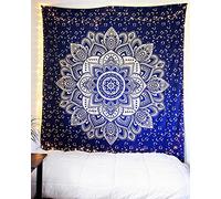 raajsee Blue Gold Mandala Tapestry - Indie Hippie Room Decor - Boho Wall Hanging for Bedroom Aesthetic - Trippy Cute Wall Art Twin (52x82 Inches / 132x208 Cms)