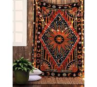 raajsee Burning Sun Golden Tapestry Bedroom Aesthetic- Zodiac Mandala Tarot Wall Hanging - Indie Cotton Celestial Wall Décor Burning Sun Tapestries Trippy - Boho Tapestrys Hippie 52x60 inch