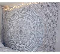 raajsee Grey Silver Mandala Tapestry Wall Hanging/Indian Cotton Boho Bohemian Psychedelic Hippie Throw/A Yoga Mat Beach Rugs Towel Blanket (White Silver Ombre, 210x220cms Queen)