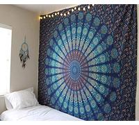 raajsee Large Blue Floral Mandala Tapestry Wall Hanging,Indian Cotton Beach Throw Blanket Hippie Bohemian Elephant Queen Bedding, Dorm Decor Boho Meditation Yoga Mat Rugs,A 210x220cm