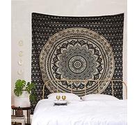 raajsee Mandala Tapestry, Boho Wall Decoration, Black Gold Aesthetic Room Décor, Wall Tapestry, Psychedelic Wall Hanging, 132 x 152 cm