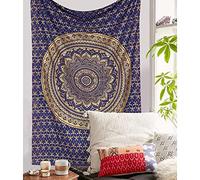 raajsee Mandala Tapestry, Boho Wall Decoration, Blue Gold Aesthetic Room Décor, Wall Tapestry, Psychedelic Wall Hanging, 132 x 152 cm